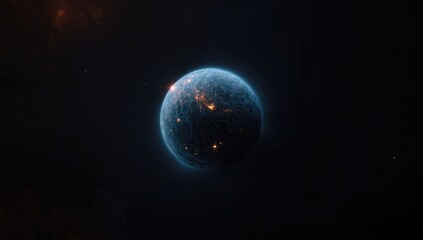 Fototapeta premium shining blue orange celestial body hovering over black cosmic background