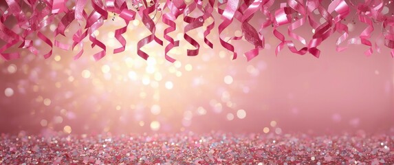 Fototapeta premium Lively festive decoration with shimmering pink party ribbons and sparkling confetti on bright bokeh lights