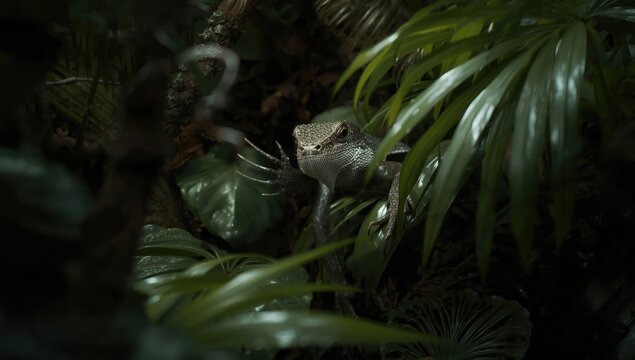 Tropical environment reptile blending with surrounding foliage to evade predators