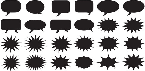 Fototapeta premium Set of black silhouette speech bubbles, thought balloons, and starburst shapes vector.