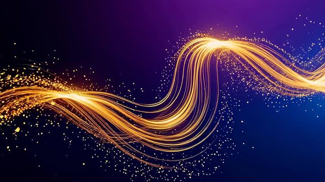 Golden flowing light particles on dark background