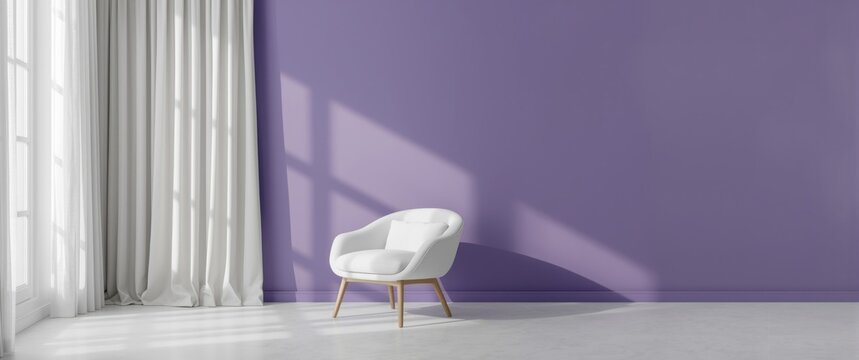 Stylish living room interior with violet wall backdrop and white chair beside curtain