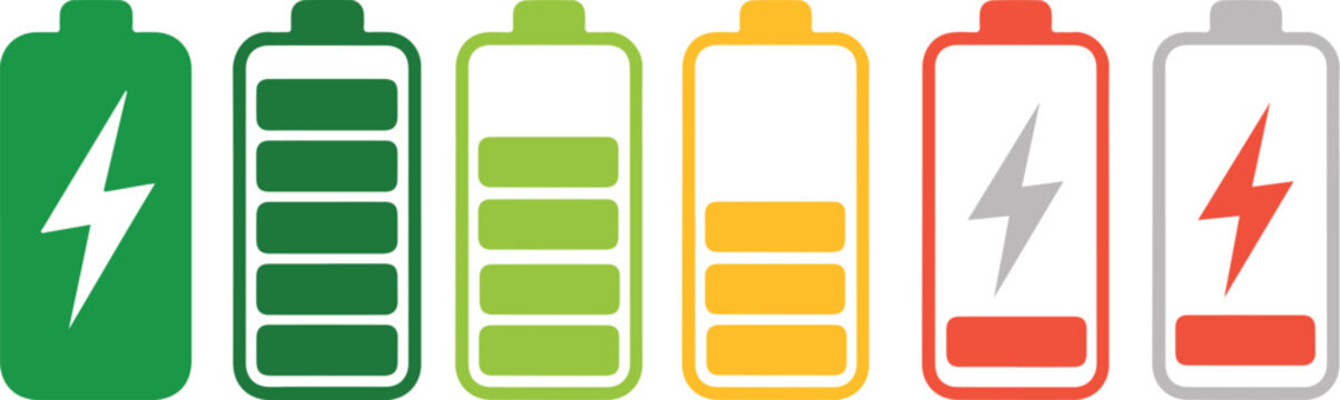 Set of battery charge level indicator icons with various colors representing energy status.