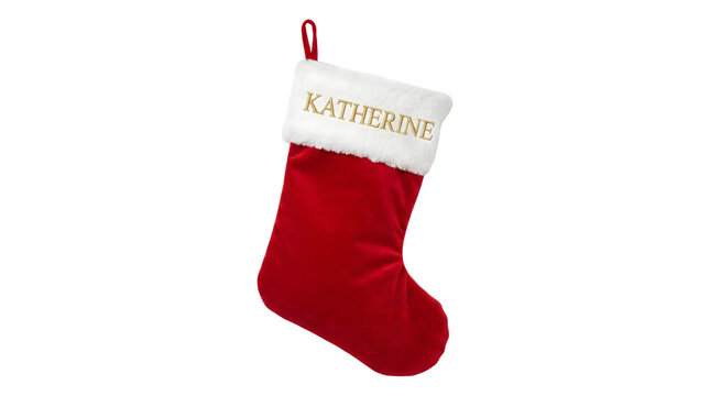 Christmas stocking in red velvet with white fur trim and personalized gold embroidered name as a PNG on a transparent background