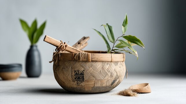 Rustic bamboo basket holds small greenery. Small vases in background. Natural aesthetic