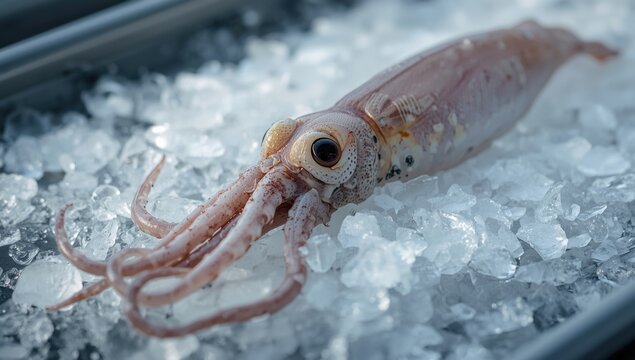 Fresh squid resting on crushed ice in a seafood display