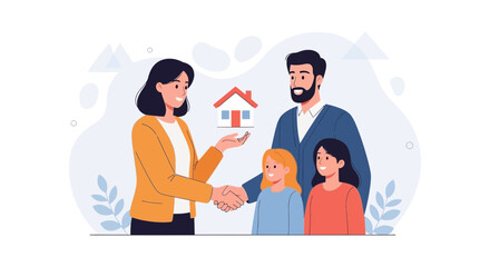 Fototapeta premium Family Buying a Home: Handshake Deal with Real Estate Agent, Vector Illustration