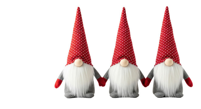 three cute scandinavian tomte gnomes in red polka dot hats, holding hands, sitting on a transparent studio background with ample copy space. concept of cozy winter holiday friendship
