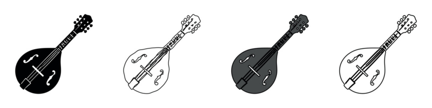 Collection of four mandolin icons in different styles and colors