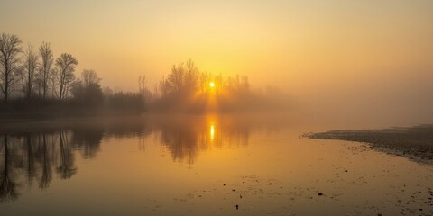 Obraz premium Sunrise over a misty river with silhouetted trees