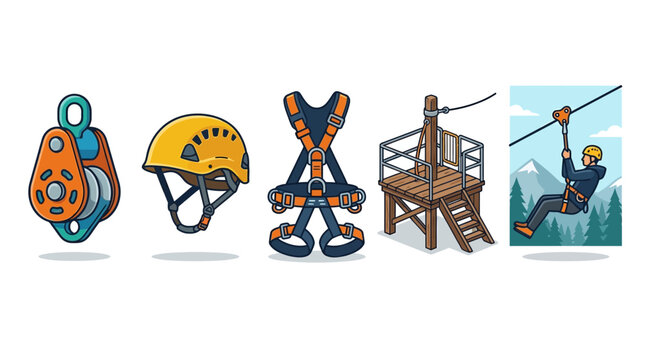 Zip Line Adventure Equipment Icon Set Vector