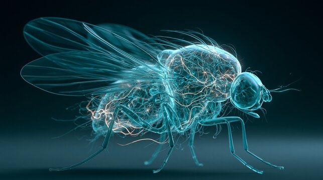 A glowing 3D render of a fruit fly brain with intricate neuron pathways, dark studio background, curious analytical mood, soft cyan lighting, centered scientific diagram composition.