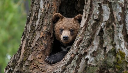 Obraz premium There is a brown bear that is looking out of a hole in a tree