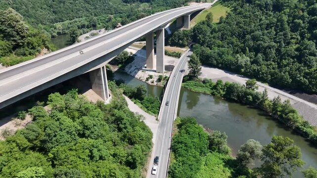 Aerial drone shot of Vranduk viaduct bridge in Bosnia and Herzegovina