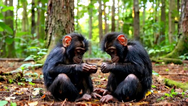 Two chimpanzees interact in forest