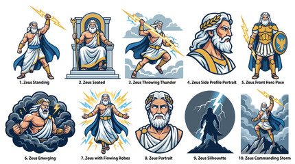 Fototapeta premium Zeus Character Collection Icon Set Premium Greek Mythology Vector
