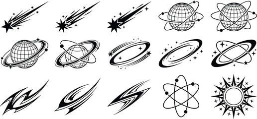 Set of black and white space themed graphic elements featuring planets and comets science fiction astronomy universe illustration astrophysics exploration celestial astrological © creative zone