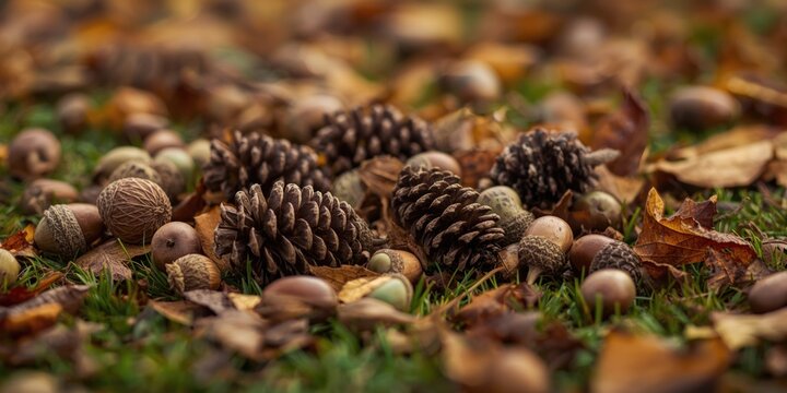 Natural rustic collection of pine cones and acorns on leafy ground