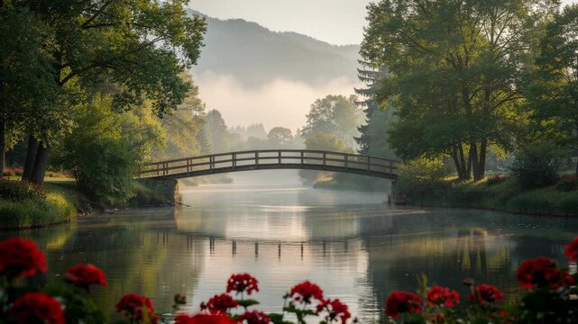 Peaceful wooden bridge over calm river surrounded by lush green trees and vibrant red flowers in serene nature landscape