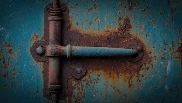 Rusty blue door hinge with weathered texture