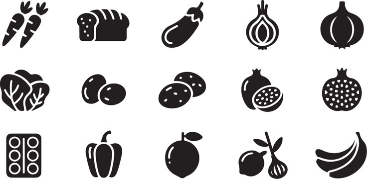 Set of food icons featuring fresh vegetables bread and fruits for kitchen or menu design.