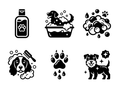 Collection of six black and white pet grooming icons featuring dogs in bathtubs shampoo bottles paw prints and soapy bubbles created in a clean minimalist vector style on transparent background