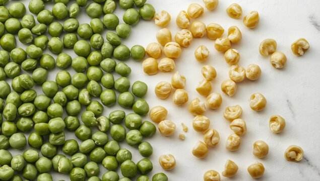 Green and yellow split peas on a marble surface