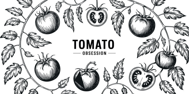 Hand drawn tomato vector illustration frame with vintage sketch style detailed engraved branches leaves and slices
