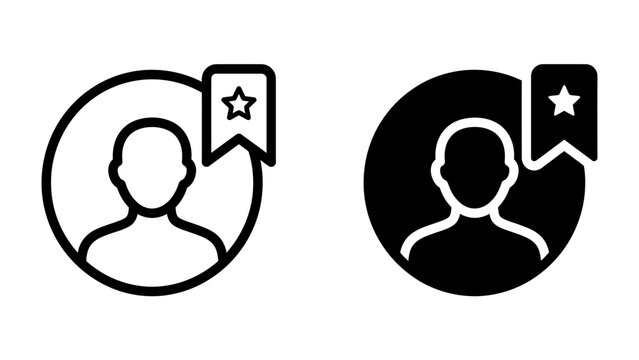 User icon with bookmark symbol: A minimalist vector icon set featuring a user profile within a circle, accompanied by a bookmark icon signifying favorites or saved items.