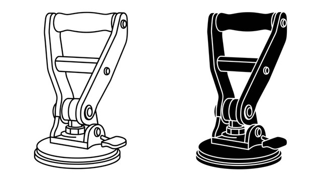 Suction Cup Gripper: A handy tool, a suction cup gripper designed for lifting and moving heavy objects like glass or tile, presented in both line art and silhouette.