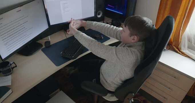 Kid Boy Use Desktop Computer for Study Typing and Reading. 4K 10-bit