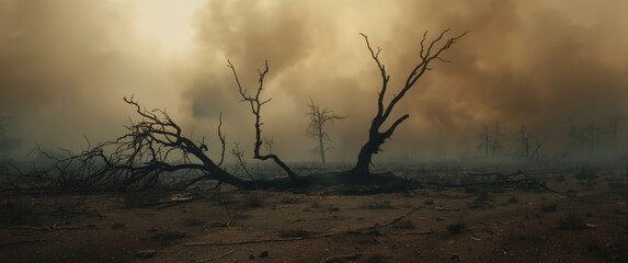Fototapeta premium Post wildfire environment with heavy smoke and scorched fallen tree
