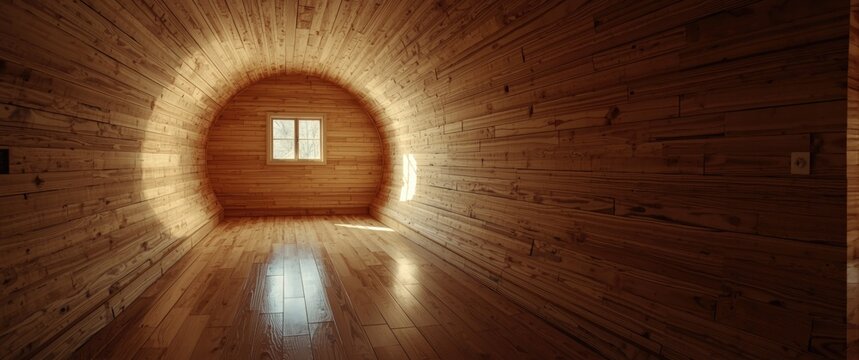 Wooden tunnel interior showcasing varnished hardwood floors and a plywood structure with window
