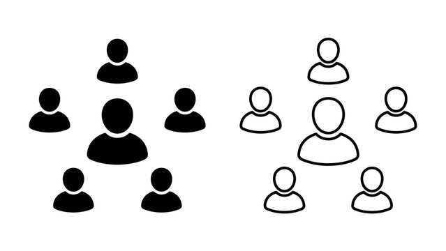 Group of People Icons: A graphic representation of a group of people forming a circle, symbolizing community, teamwork, or social connection. Two variations are shown, one filled and one outlined.
