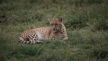 Obraz premium Cheetah resting on green grass in the wild