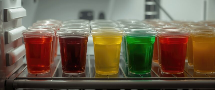 Colorful jello cups arranged in a refrigerator shelf