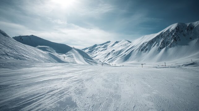 Snowy Alpine Ski Slopes in Winter