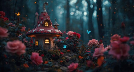 Obraz premium Enchanted fairy tale forest featuring a magical elf mushroom house surrounded by blooming roses and glowing butterflies under a moonlit sky