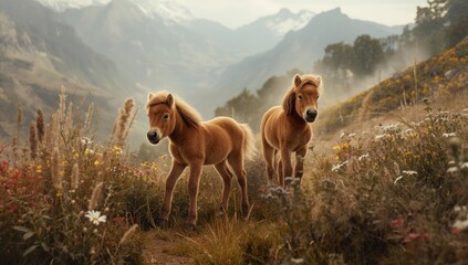 Painting portraying spirited foals amidst wild flora in a scenic mountain habitat © vxnaghiyev