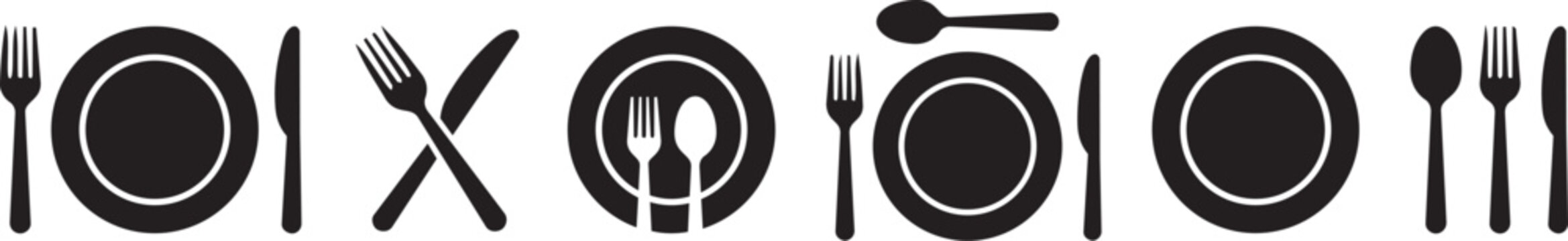 Flat lay silverware and plates in a repeating pattern on a white background