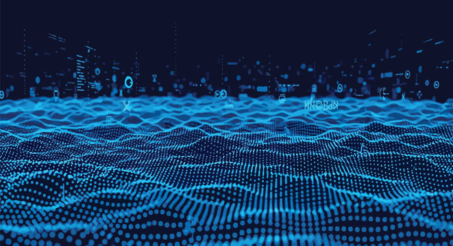 Futuristic blue dot wave, digital grid background, technology concept, neon mesh