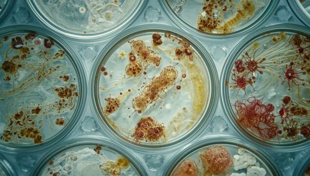 Petri dishes with various microbes and bacteria cultures