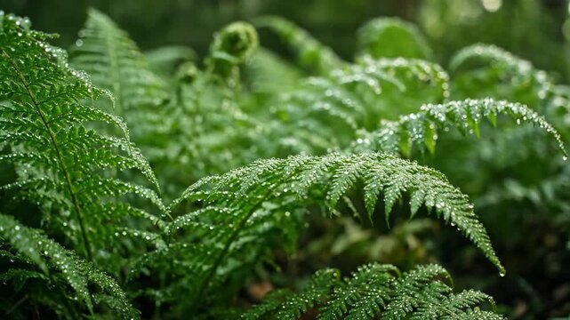 Vibrant green ferns with morning dewcovered leaves glistening in a forest environment