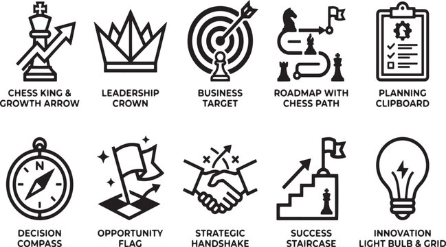 Business Strategy and Leadership Line Icon Set with Labels