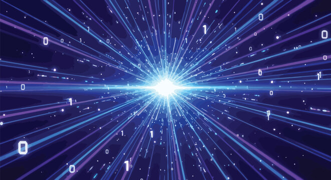 Futuristic neon light burst, binary code explosion, cyberpunk background, tech vector