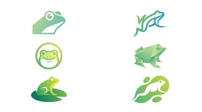 Set of six minimalist frog logo designs featuring vibrant green gradient colors and simple geometric shapes created in a modern artistic style for professional branding purposes isolated on transparen
