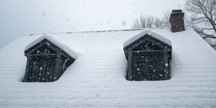 Snow-covered roof with dormer windows in winter weather