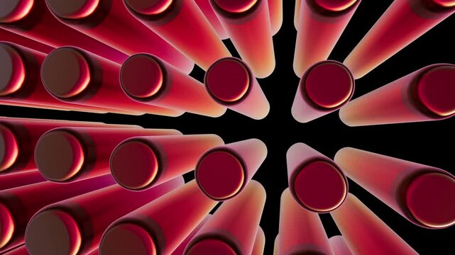 3D rendered close up spinning red and orange cylinder tubes grid, loopable abstract geometric perspective pattern animation on black.