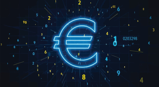 Neon Euro symbol, glowing currency sign, blue finance icon, digital background