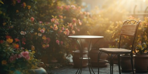 Obraz premium Intimate balcony scene showcasing a small table, chair, and flourishing flowers in a toned overlay